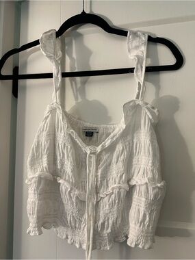 American Eagle Outfitters White Smocked Tie-Front Ruffle Cami